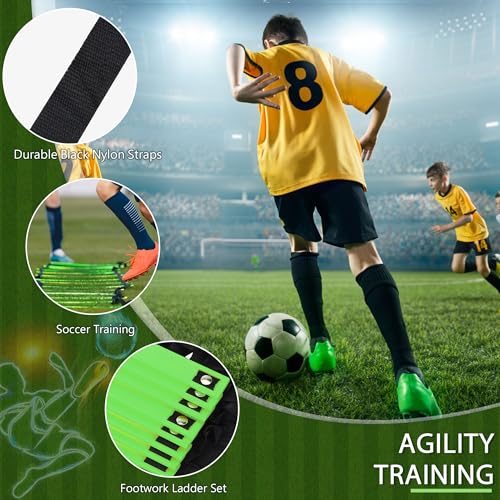 Fixed Rung Agility Ladder - 20ft 12 Rungs No Tangle Speed and Agility Training Equipment for Soccer Footwork Training with Carrying Bag/Ground Stakes for Adults Youth Kids - color: Green
