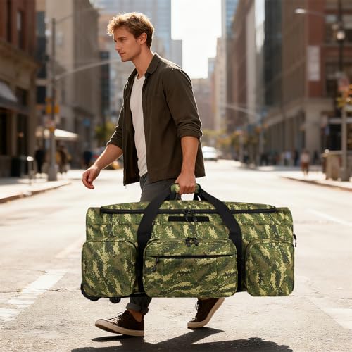 120L 3 Wheel Tactical Rolling Duffle Bag, Heavy Duty Military Deployment Luggage, 900D Waterproof Duffel for Camping Travel Outdoor Sports - color: Camo Light Green