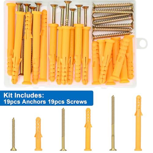 Aovchei 38pcs Drywall Anchors Kit, 19 Plastic Anchors and 19 Screws | 3 Size #10 * 60, #10 * 80, #10 * 100, Wall Hanging Kit for Hanging Picture Frame, Shelf Brackets, Curtain Rod - size: #10*60 #10*80 #10*100