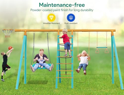 Osoeri 6-in-1 Swing Set for Backyard, Heavy-Duty Metal Kids Swing Set with 2 Swings, Climbing Net, Trapeze Bar, and Basketball Hoop (Blue)