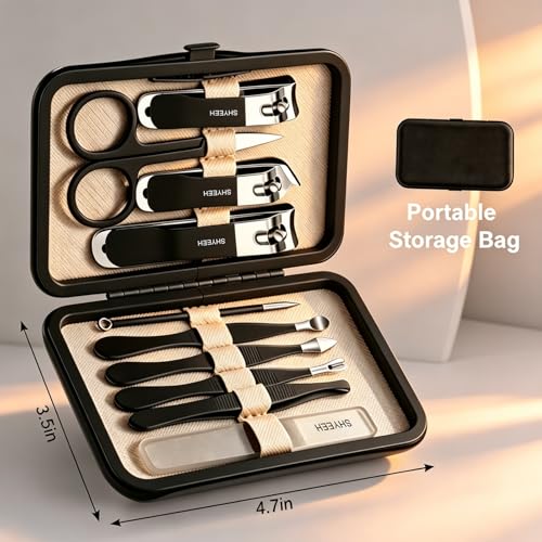 Manicure Set, 10 pcs High-Carbon Steel Nail Clippers Set, Portable Mini Manicure and Pedicure Kit, Travel Grooming Nail Kit with Leather Bag for Men and Women - color: Black