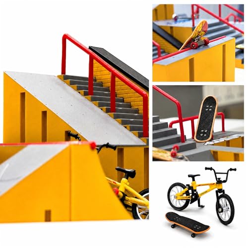 Finger Skateboard Park Kit for Kids, 14-in-1 Mini Skatepark Ramp Set with Half Pipe, 8 Finger Skateboards & Finger Bike, Ramp Accessories Toy Gifts for Boys Girls Ages 3+ - color: 14in1-yellow