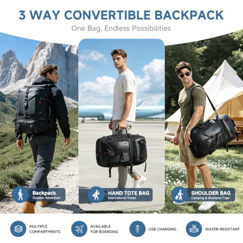 SWICKY Carry-on Travel Backpack for Men, Airline Approved Convertible Duffle Backpack with Shoe Compartment & USB Charging Port, Water Resistant 17.3 Inch Laptop Backpack for Travel Gym Camping - color: Black 01(50l)