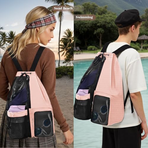 Beach Backpack with Wet Pocket Drawstring Mesh Beach Bag Waterproof Swimming Pool Backpack for Men and Women - color: Pink