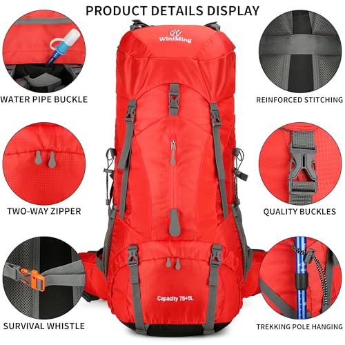 75L Hiking Backpack with Rain Cover Waterproof Camping Backpack Shoes Warehouse for Men Women, Frameless - color: Red, size: 75L