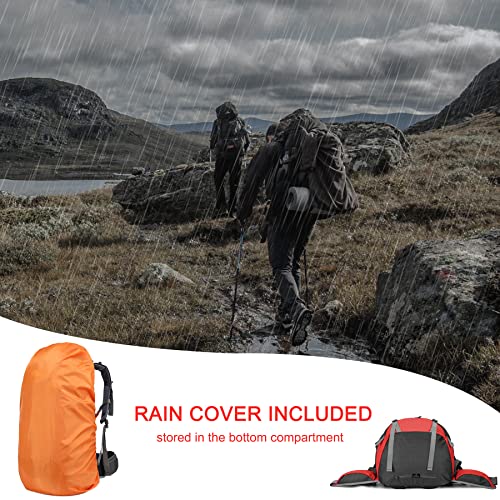 Loowoko 50L Hiking Backpack, Waterproof Camping Essentials Bag with Rain Cover, 45+5 Liter Lightweight Backpacking Back Pack - color: Red