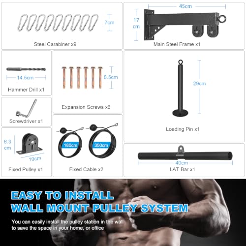 Wall Mounted Pulley System, Low Cable Machine Pulley System for LAT Pulldown, Biceps Curl Home Gym Equipment with Fitness Pull Down Bar, Tricep Rope - style: Wall Mounted Pulley System with Straight Bar