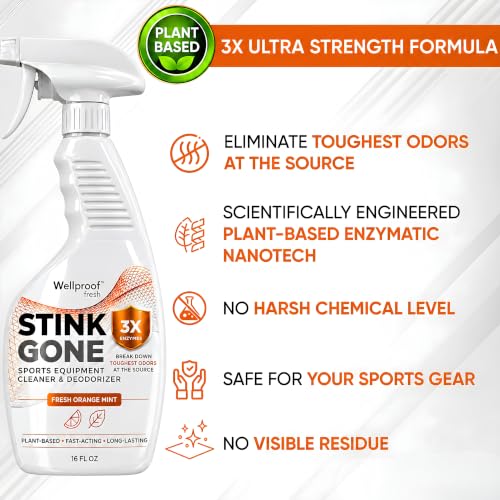 Stink Gone 2-in-1 Sports Equipment Cleaner & Odor Eliminator - 3X Enzyme Concentrate for Gloves, Hats, Helmets, Cleats, Shoes, Clothes, Gym Bags, Gym Equipment & Athletic Gear, 16oz