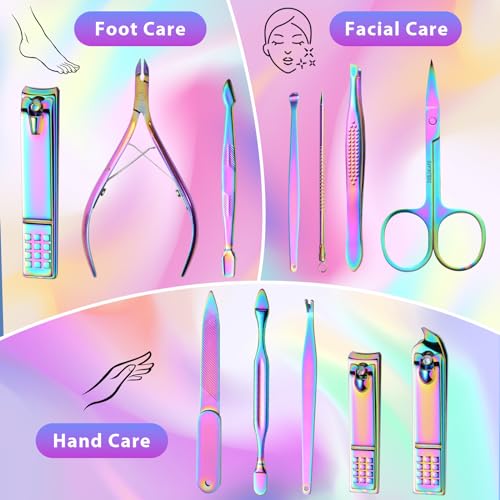 CGBE Nail Clippers Set, Manicure Set Pedicure 12 Pieces Stainless Steel Manicure Kit Professional Grooming Care Tools with Luxurious Travel Case - color: Pink-colorful