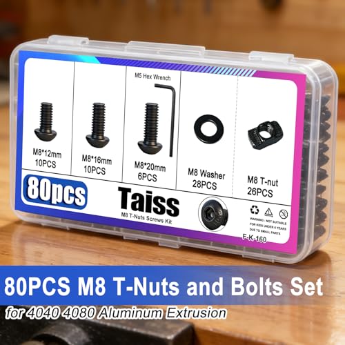 Taiss 80PCS M8 T-Nuts Screws Kit for 4040 4080 Series Aluminum Extrusion Black Carbon Steel M8x12/16/20mm Button Head Socket Cap Head Bolts and Drop in T-Nuts & Washers with Hex Wrench - size: 80PCS M8 T-Nuts Screw Kit