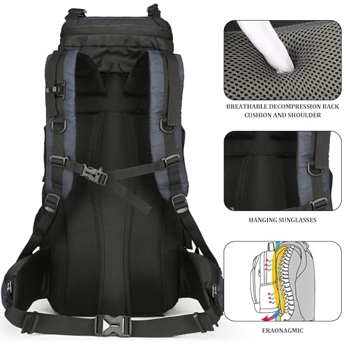 75L Hiking Backpack with Rain Cover Waterproof Camping Backpack Shoes Warehouse for Men Women, Frameless - color: Navy, size: 60L