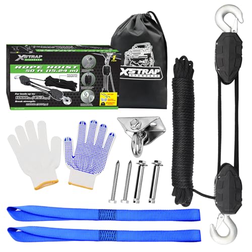 XSTRAP STANDARD 50 Feet Rope Hoist, Heavy-Duty 2000LB Break Wheel Block | Tackle Pulley System for Lifting Heavy Objects with Work Gloves, 2pcs Soft Loops, 1 Swing Hanger for Garage Warehouse - color: 50 Ft+ Black+1 Swing Hanger