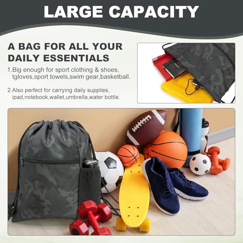 HOLYLUCK Men & Women Outdoor Sport Gym Sack Waterproof Drawstring Backpack Bag (Standard with drawstring, Black Camo) - color: Black Camo, style: Standard With Drawstring