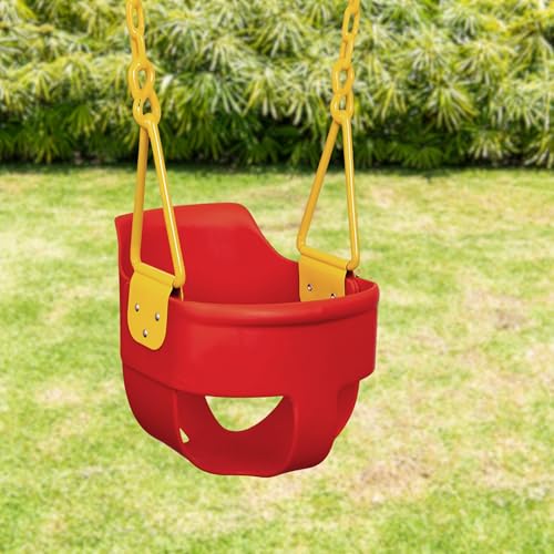Premium High Back Full Bucket Toddler Swing Seat with Finger Grip, Plastic Coated Chains and Carabiners for Easy Install - Red - Squirrel Products - color: Red