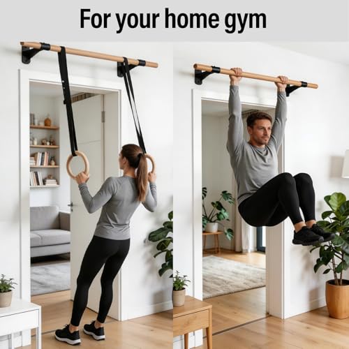 Wall Mounted Pull Up Bar | Solid Wood Pull Up Bar for Home Gym | 286 lb Chin Up Bar with Fischer Anchors | 1.14 in Grip Hanging Bar for Rope & Ab Training