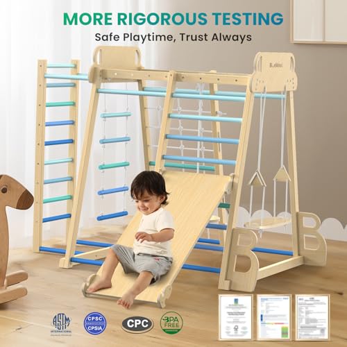 Upgraded Indoor Jungle Gym 9-in-1 Playground Kids Climbing Toys | Waldorf Style Wooden Climber Playset with Slide, Swing, Monkey Bars, Upright/Rope Ladder, Climb Net, Blue - color: Blue