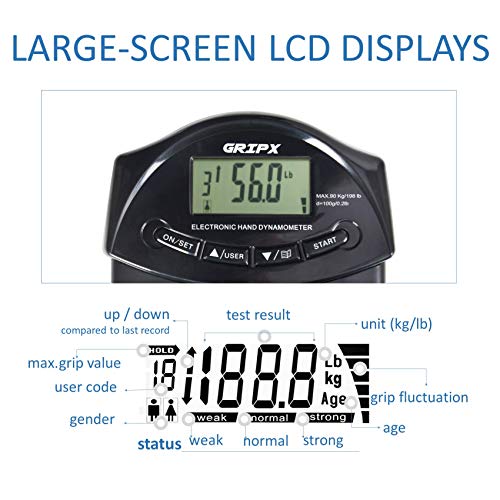 Digital Hand Dynamometer Grip Strength Measurement Meter Auto Capturing Electronic Hand Grip Power 198Lbs / 90Kgs - color: Black