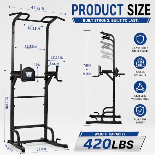 BARWING Pull Up Bar Station, Power Tower, Dip Station with 3D Backrest, Multi-Function Strength Training Stand Rack, Adjustable Height Dip Bar for Home Gym Workout Stand Fitness Exercise Equipment - color: P007C-B