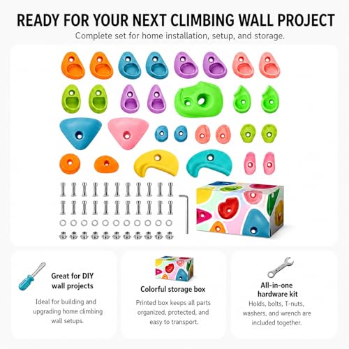 36 Pack Rock Climbing Holds with M10 Hardware, Textured Resin Wall Grips | Assorted shapes for route setting; fits garage & home gym wood walls; 230lb capacity; adult install required