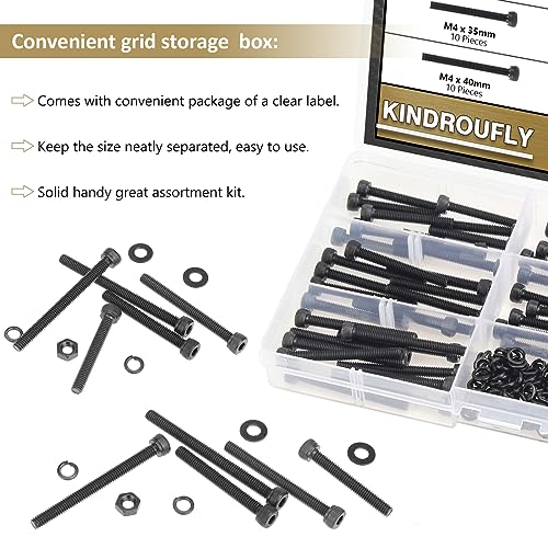 202 Pieces Black M4 x 30/35 /40/45 /50 mm Hex Socket Head Cap Screws Nuts Washers Assortment Kit, 12.9 Grade Alloy Steel - size: M4 x 30/35/40/45/50mm, style: Socket Head