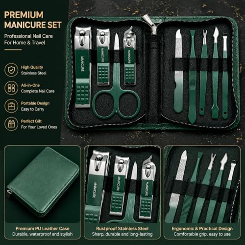 Professional Manicure Set – 9-Piece Stainless Steel Nail Clippers & Pedicure Grooming Kit with Portable Dark Green Leather Travel Case for Men