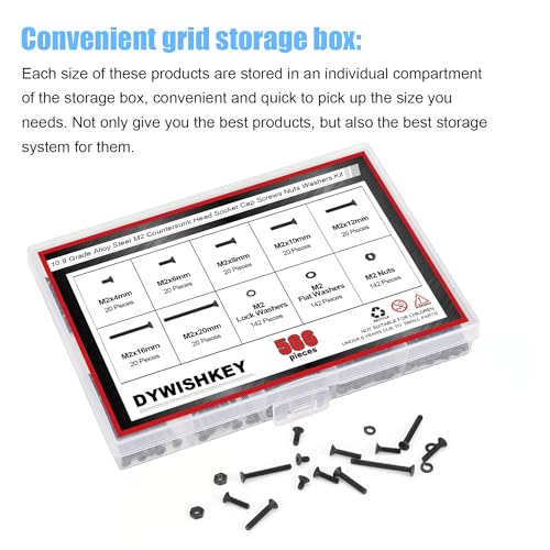 DYWISHKEY 566 Pieces M2 Black Screws, 10.9 Grade Alloy Steel M2x 4/6 /8/10 /12/16 /20mm Countersunk Head Socket Cap Screws Bolts Nuts Washers Assortment Kit - size: M2, style: Countersunk Head Socket Cap