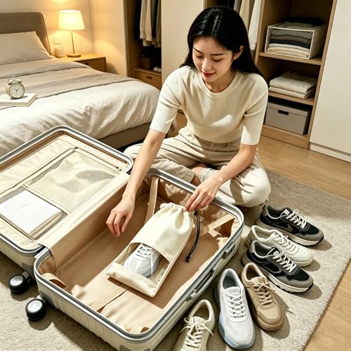 4 Pcs Single Shoe Bags for Travel, Drawstring Shoe Bags with Clear Window | 9.1"x17.7" Fits Most Shoes, Dust Resistant, Washable & Reusable, Travel Shoe Storage Bags for Men & Women - color: Beige