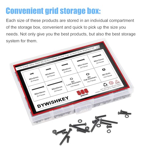 DYWISHKEY 566 Pieces M2 Black Screws, 10.9 Grade Alloy Steel M2x 4/6 /8/10 /12/16 /20mm Button Head Socket Cap Screws Bolts Nuts Washers Assortment Kit - size: M2, style: Button Head Socket Cap