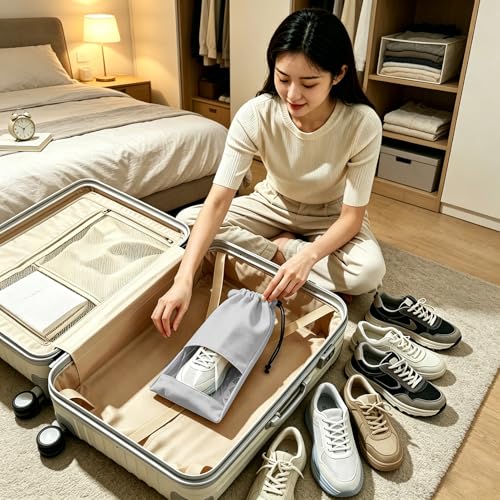 4 Pcs Single Shoe Bags for Travel, Drawstring Shoe Bags with Clear Window | 9.1"x17.7" Fits Most Shoes, Dust Resistant, Washable & Reusable, Travel Shoe Storage Bags for Men & Women - color: Grey