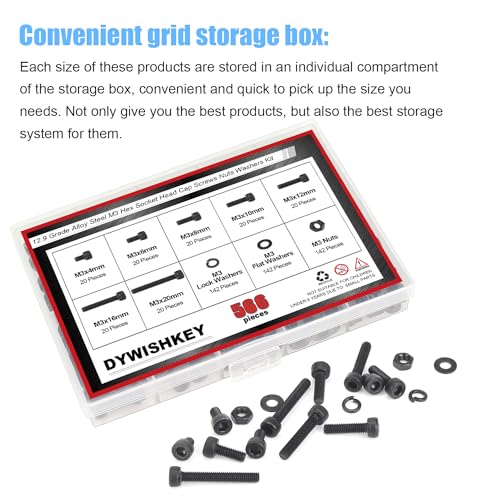 DYWISHKEY 566 Pieces M3 Black Screws, 12.9 Grade Alloy Steel M3x 4/6 /8/10 /12/16 /20mm Hex Socket Head Cap Screws Bolts Nuts Washers Assortment Kit - size: M3, style: Socket Head
