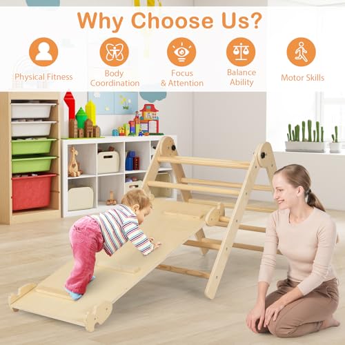HONEY JOY 7 in 1 Climbing Toys for Toddlers, Wood Triangle Climber w/Ramp for Sliding or Climbing, Rocker, Foldable Montessori Triangle Climbing Arch Set for Daycare, Gym & Playground, Natural - style: 7 In 1 Natural