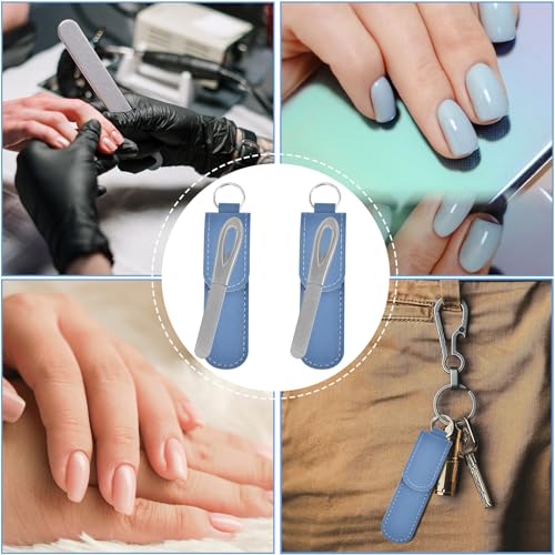 Metal Nail File with Case, 2 Pack Keychain Nail Files for Natural Nails, Fingernail Files Diamond Round Tip Stainless Steel Double Sided Fine Grit Sapphire Filer with Leather Sheath Travel Blue - size: 2 Pack 3.6 in Silver/Blue Keychain