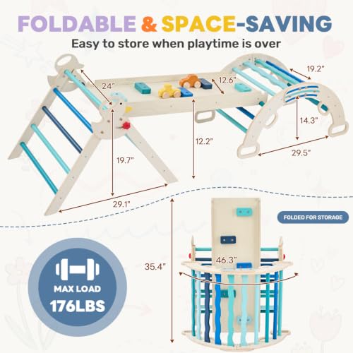 Pikler Triangle Set, 9-in-1 Foldable Montessori Climbing Toys for Toddlers, Wooden Indoor Playground with Climbing Arch, Reversible Ramp, Ladder, Toy Cars and Blocks, Blue - color: Blue
