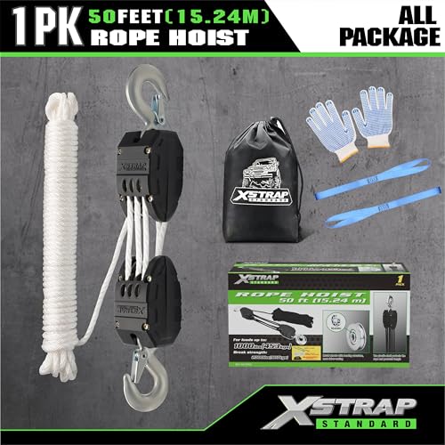 XSTRAP STANDARD Heavy-Duty 50 FT Reflective Rope Hoist Pulley System, White | Metal Wheels Bearing 2000 LB Breaking Strength Block and Tackle Pulley System for Lifting Heavy Objects, with 2pcs Soft Loops - color: 50ft White Upgraded