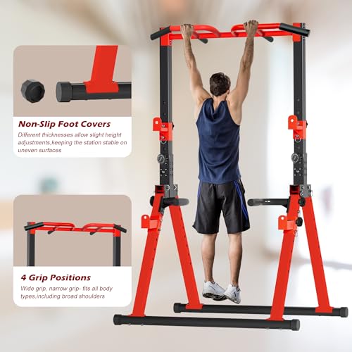 Foldable Power Tower Pull Up Bar Station, Adjustable Height | 700lbs Loading,Free Standing Pull Up Power Tower Station,Portable and Space Saving,fits Woman and Man, Mulit-grips, - color: Red