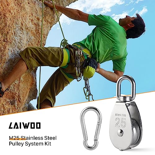 LAIWOO M25 Heavy Duty Stainless Steel Pulley Block, Rope and Hooks, 2 Pack | Includes eye pad plate and line cleat, corrosion resistant, for lifting, DIY and clothesline - size: M25-11P