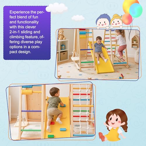 Large Wooden Indoor Jungle Gym 9-in-1 Playground Climbing Toys for Kids Ages 2-6, Waldorf Style Wooden Climber Playset with Slide, Monkey Bars, Ladder, Rope Ladder, Rock Climbing, Swing (9-in-1) - size: 9-in-1