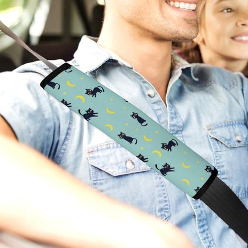Universal Soft and Comfortable Seat Belt Cover for Adults and Children, Most Cars, 2 Pack Night Sky Stars Yellow Moon Cartoon Black Cat Seat Belt Covers Cushion Neck and Shoulder Support - color: Pattern 370