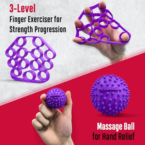 FitBeast Grip Strength Trainer, Hand Gripper Strengthener Kit - 6 Pack with Adjustable Resistance Forearm Strengthener, Forearm Exerciser and Massage Balls for Hand Therapy, Grip Training - color: Purple