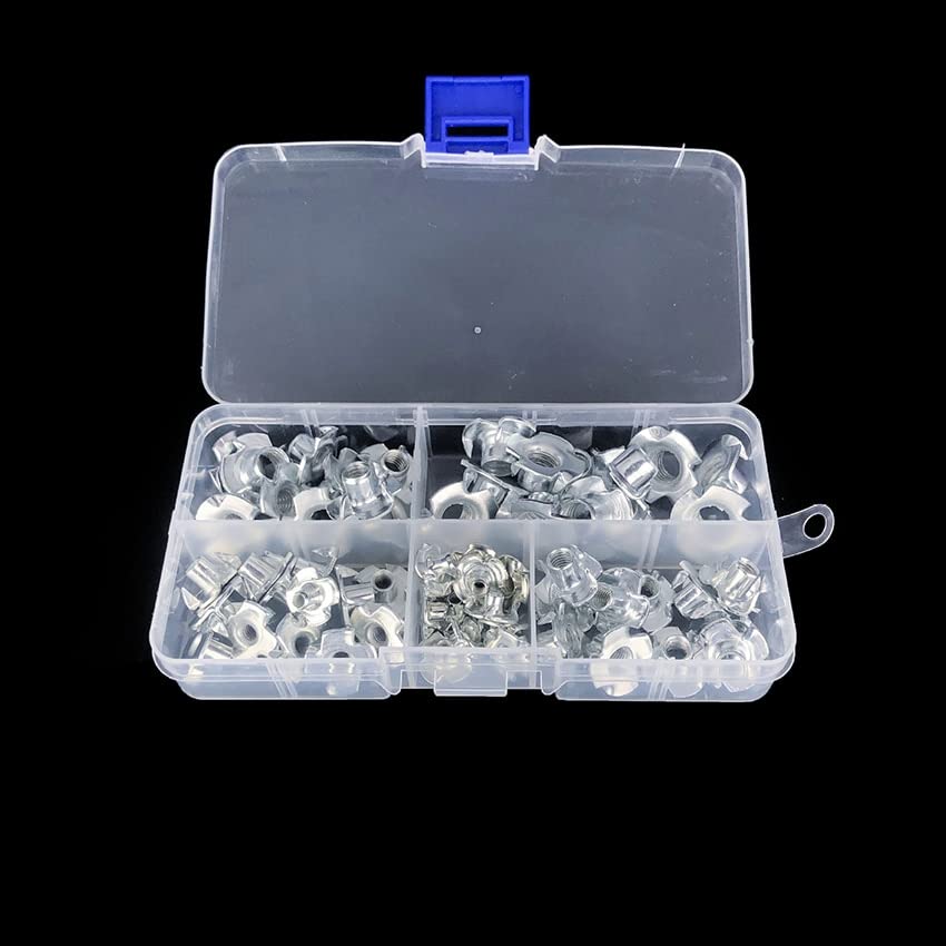 90PCS/Set T-Nuts Four Pronged T Nut M3 M4 M5 M6 M8 for Wood, Rock Climbing Holds, Cabinetry, with Storage Box, Zinc Plated Steel