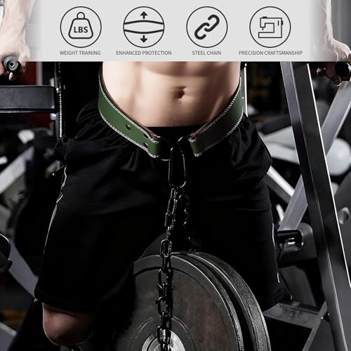 Heavy-Duty Leather Weightlifting Dip Belt with Steel Chain—Weightlifting, Squats, Deadlifts, Weighted pull-ups, Push-ups and Progressive Resistance Training - color: Military Green