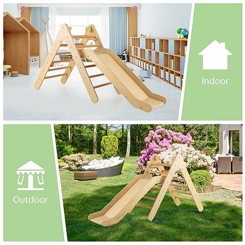 OLAKIDS Pikler Triangle Set 2 in 1 Climbing Toys for Toddlers Foldable Wood Montessori Baby Jungle Gym with Ladder Ramp Slide Kids Indoor Playground Activity Play Structure - color: Natural