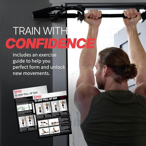 SPRI Pull Up Bar - 8-Grip and 12-Grip Door Frame Mounting Pull-Up Bar for Versatile Workouts - Rugged Steel Frame with Foam Handles - Supports 300 Pounds - Fits Door Frames Up to 32 in. Wide – Black - size: 12 Grip