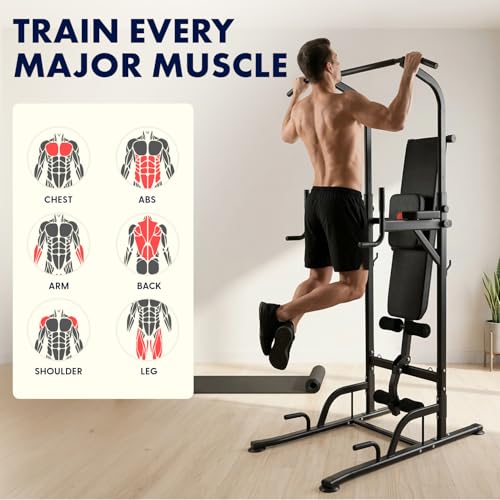 SQUATZ Pull-Up Dip Station - Your All-in-One Power Tower Gym and Chin-Up Bar Stand with Collapsible Bench for Home Exercise and Bench Press