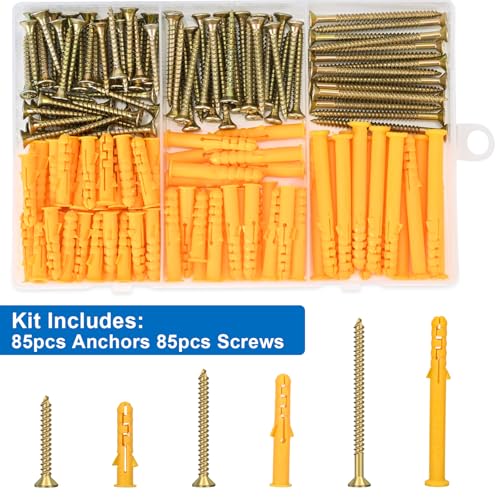 Aovchei 170pcs Drywall Anchors Kit, 85 Plastic Anchors and 85 Screws | 3 Size #6 * 30#6 * 40#6 * 60, Wall Hanging Kit for Hanging Picture Frame, Shelf Brackets, Curtain Rod - size: #6*30 #6*40 #6*60