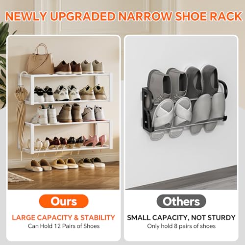 Homeiju Hanging Shoe Organizer,2 Pack Wall Mounted Shoe Rack Holds 12 Pairs,Space Saving Metal Wall Shoe Rack,Hanging Shoe Rack Shoe Holder for Small Space,Entryway,Closet,RV,Camper (White - color: White