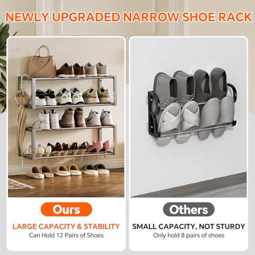 Homeiju Hanging Shoe Organizer,2 Pack Wall Mounted Shoe Rack Holds 12 Pairs,Space Saving Metal Wall Shoe Rack,Hanging Shoe Rack Shoe Holder for Small Space,Entryway,Closet,RV,Camper (Silver) - color: Silver