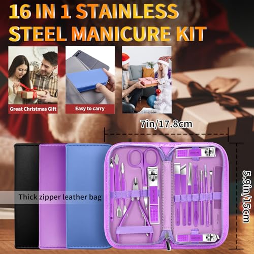 Manicure Set 16 In 1 Professional Stainless Steel Pedicure Kit Toenail Clippers Set Mens Grooming Kit Fingernail Kit for Women with Luxurious Travel Bag, Suitable for Home, Travel, and Salon (Black) - color: 16Pcs-Black