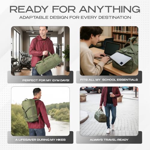 3-in-1 Duffle Bag Backpack with Shoe & Laptop Pocket, Cup Holder, Ventilated Gym & Travel Bag (Dark Green) - color: Dark Green