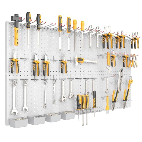 TORACK Garage Tools Organizer Boards Kit with Hooks, Modular Wall-Mounted Tool Storage Pegboard for Workbench(Gray, 4 Panels with Hooks)